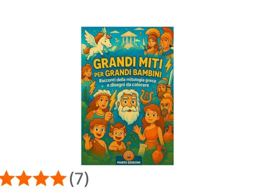 Copertina di libro con personaggi mitologici greci e un Pegaso, ideale per scoprire leggende per bambini e colorare.