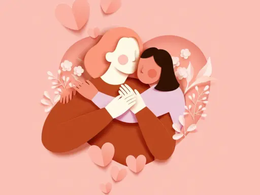 Abbraccio tra mamma e figlia, un'immagine che evoca le più belle frasi mamma e figlia, con cuori e fiori in stile paper art.