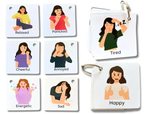 Carte illustrate per esplorare il materiale delle emozioni, utili per l'autismo. Mostrano espressioni come felice, triste, stanco, ecc.