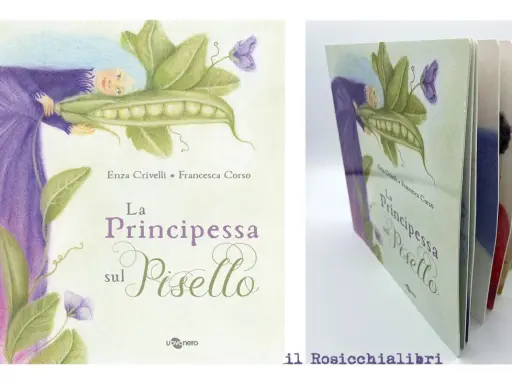 Copertina del libro "La Principessa sul Pisello" con un'illustrazione di una principessa dai capelli azzurri che abbraccia un baccello di piselli.