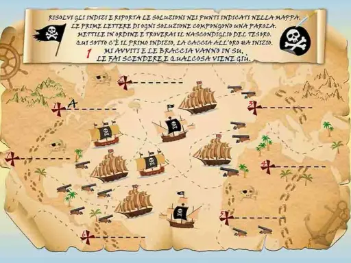 Mappa per una caccia al tesoro per bambini con navi pirata, cannoni e indizi. Risolvi gli enigmi per trovare il tesoro!