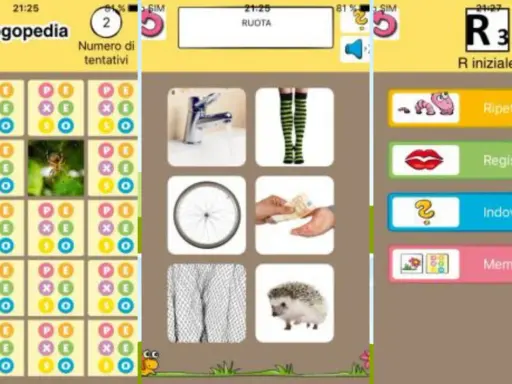 App per esercizi di logopedia per bambini di 3 anni: memory, ripeti, registra e indovina con immagini come ruota, rubinetto e riccio.