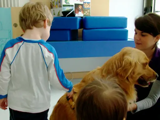 Un bambino interagisce con un cane durante una sessione di pet therapy. La donna sorride mentre il cane è accarezzato.