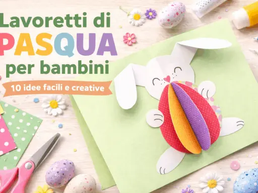 Lavoretti di Pasqua con cartoncino: un coniglietto bianco tiene un uovo colorato in 3D. Materiali per creare 10 idee facili.