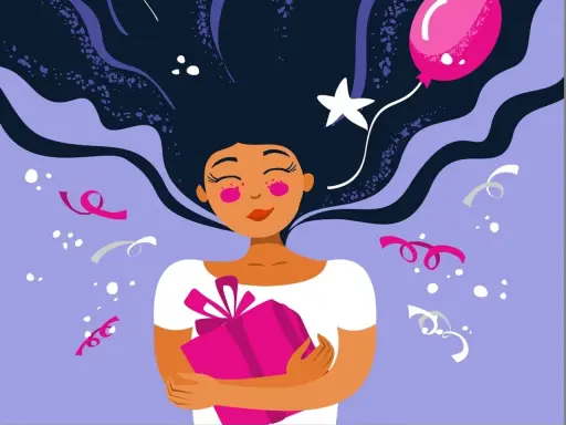 Una ragazza con lunghi capelli scuri abbraccia un regalo rosa, circondata da coriandoli e un palloncino. Perfetto per auguri di buon compleanno frasi semplici.