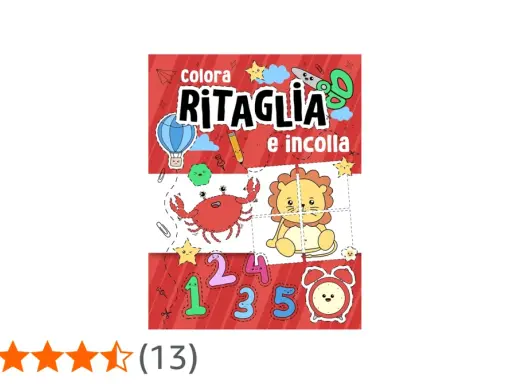 Libro "Colora, Ritaglia e Incolla" con simpatici disegni di un granchio, un leone, numeri e un orologio. Attività di ritaglio per bambini.