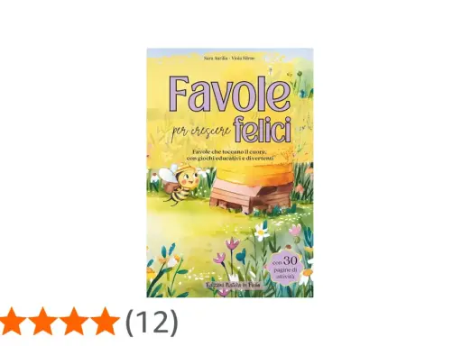 Copertina del libro "Favole per crescere felici" con un'ape sorridente vicino a un alveare. Un dolce buonanotte viola per tutti i bambini.