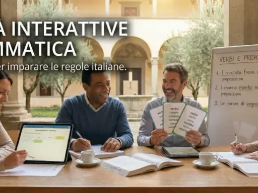 Persone sorridenti partecipano a giochi di grammatica interattivi, imparando verbi e preposizioni con esercizi pratici.