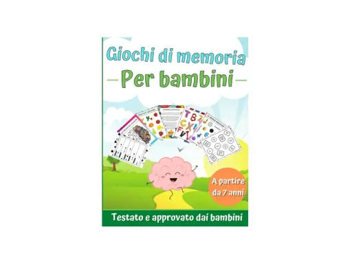 Copertina di "Giochi di memoria per bambini" con un cervello sorridente e varie schede di attività, ideali per allenare la mente.