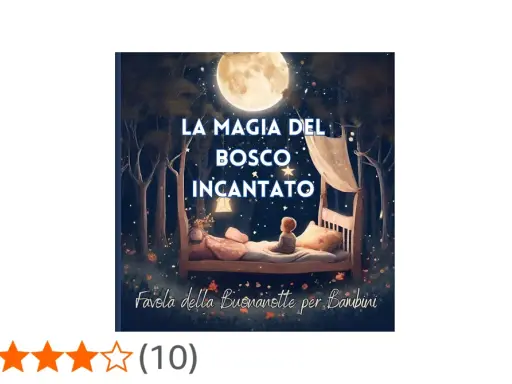 Un bambino dorme in un letto nel buio, sotto la luna piena, in un bosco incantato. Buonanotte bosco incantato.