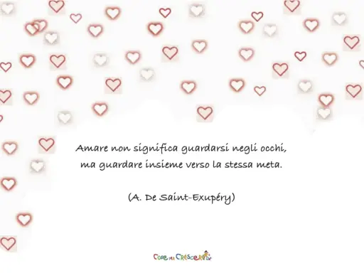 Cuori rossi e bianchi circondano una citazione sull'amore e l'amicizia, perfetta per frasi amicizia bambini.