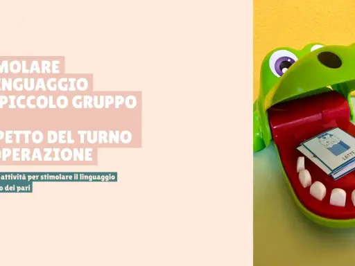 Un coccodrillo giocattolo con carte "latte" e "milk" all'interno, ideale per giochi di turnazione per autistici, stimolando linguaggio e cooperazione.