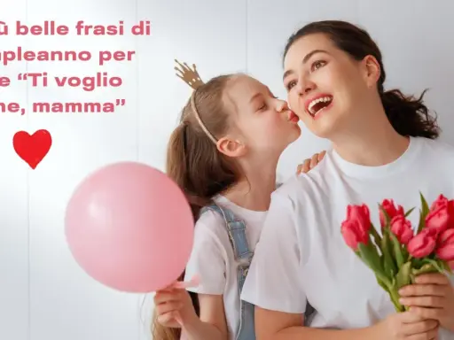 Bambina bacia la mamma, regalandole fiori e un palloncino. Un augurio speciale: buon compleanno mamma!