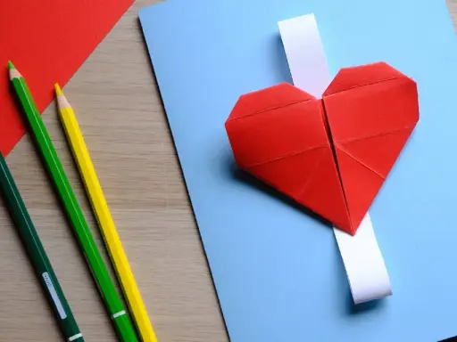Cuori di carta rossi e matite colorate, pronti per un lavoretto per la festa dei nonni.