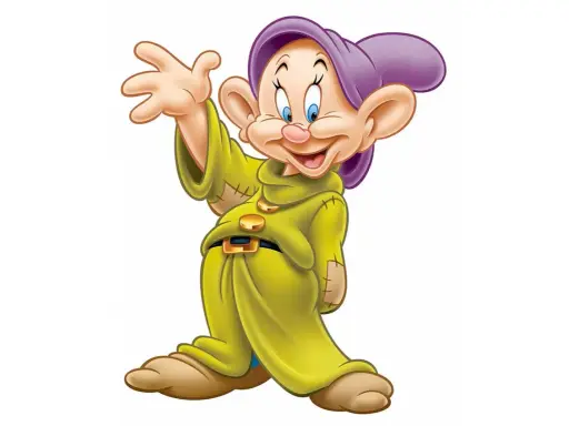 Uno dei 7 nani, con cappello viola e tunica gialla, saluta allegramente.