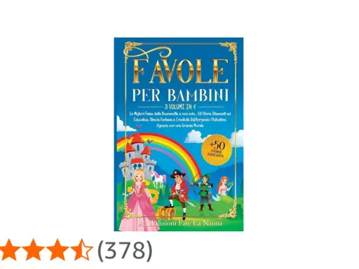 Copertina di "Favole per Bambini", con principessa, pirata, elfo e sirena. Un libro pieno di storie per bambini piccoli, con un castello e un arcobaleno.