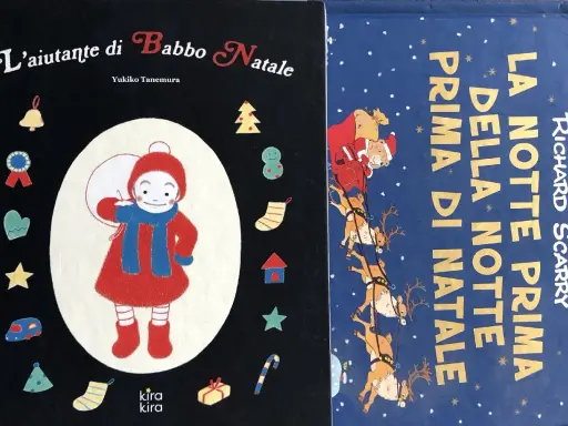 Copertine di libri natalizi: "L'aiutante di Babbo Natale" con un bambino e simboli festivi, e "La notte prima di Natale" con un orso su una slitta trainata da renne.