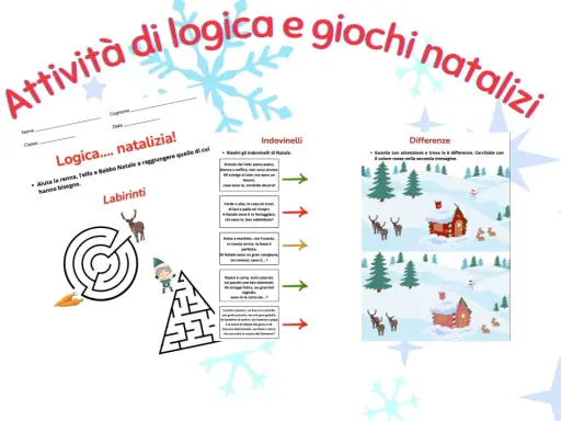 Attività di logica e giochi natalizi con indovinelli, labirinti e differenze per divertirsi durante le feste.