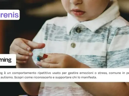 Bambino con blocchi colorati, un esempio di stimming. Il testo spiega che lo stimming è un comportamento ripetitivo comune nell'autismo.
