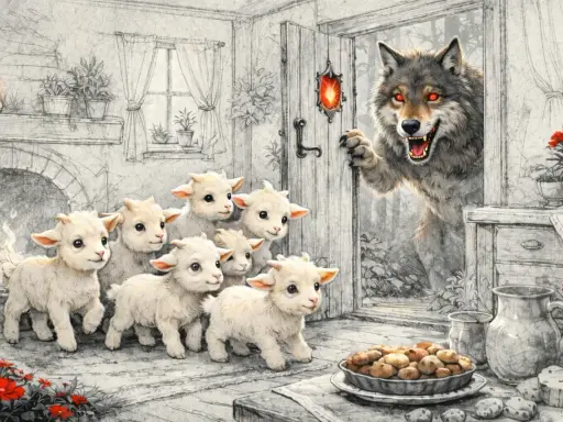Il lupo cattivo spia i sette capretti innocenti, pronti a fare uno spuntino.