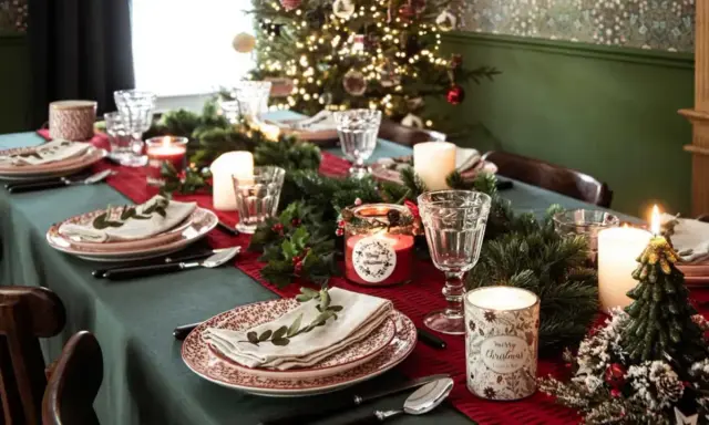 Ecco come preparare la tavola di Natale: piatti eleganti, candele profumate, rami di pino e lucine scintillanti creano un'atmosfera magica.