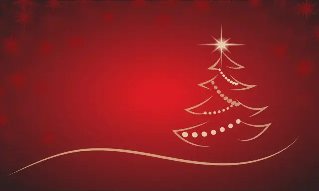 Un albero di Natale stilizzato con luci e una stella in cima, su uno sfondo rosso con fiocchi di neve. Una storia sul Natale.