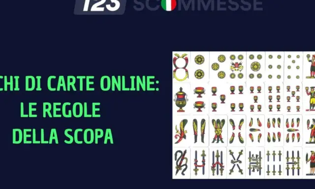 Immagine con carte da gioco italiane e testo "Giochi di carte online: le regole della scopa". Un invito a indovinare la parola, magari legata ai proverbi della scopa.