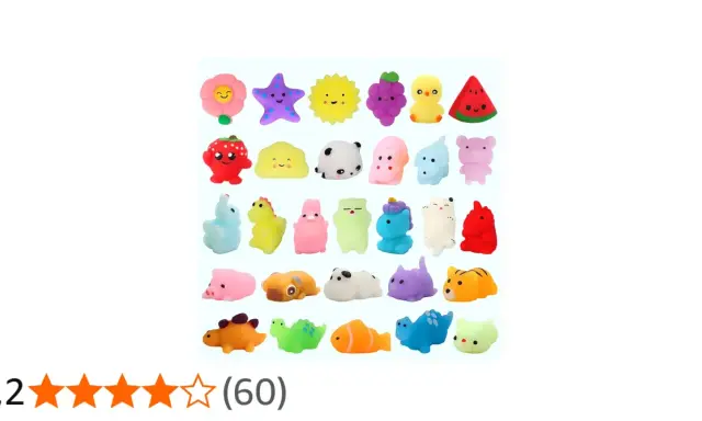 Una collezione di adorabili oggetti morbidi, esempi di giocattoli antistress a forma di animali, frutta e fiori, perfetti per alleviare la tensione.