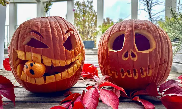 Due zucche intagliate per Halloween, una con una piccola arancia che fa la faccia spaventata. Un perfetto esempio di zucca halloween fai da te.