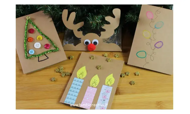 Biglietti di Natale facili: un albero con bottoni, candele colorate e lucine. Perfetti per creare con i bambini!
