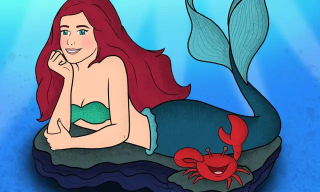 Ariel sirenetta, con la sua coda blu e i capelli rossi, riposa su una roccia, mentre un granchietto sorride accanto a lei.