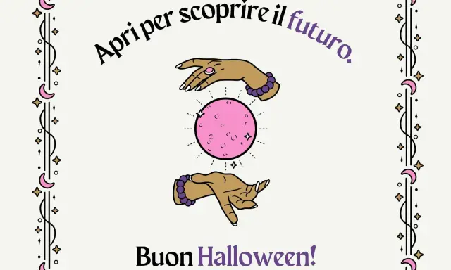 Mani che sfiorano una sfera di cristallo rosa, con la scritta "Apri per scoprire il futuro". Perfetto per frasi per Halloween in rima! Buon Halloween!