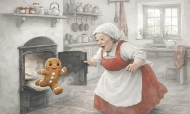 L'omino di pan di zenzero fugge dal forno, sorpreso dalla nonna. Una scena da favole per bambini.