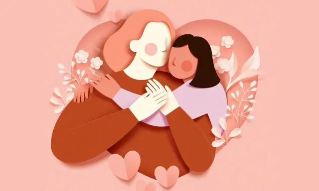 Abbraccio tra mamma e figlia, un'immagine che evoca le più belle frasi mamma e figlia, con cuori e fiori in stile paper art.