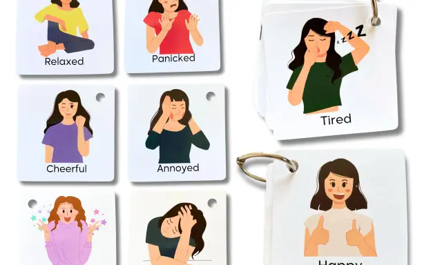 Carte illustrate per esplorare il materiale delle emozioni, utili per l'autismo. Mostrano espressioni come felice, triste, stanco, ecc.