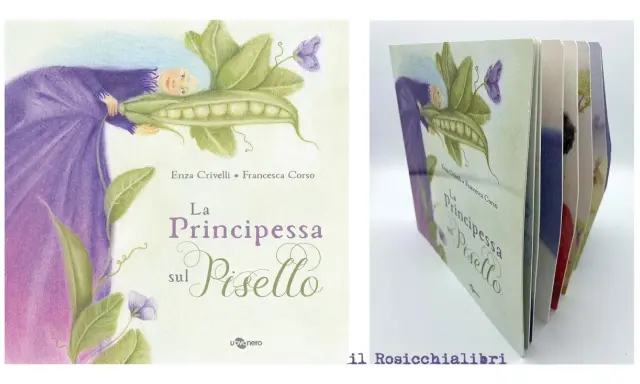 Copertina del libro "La Principessa sul Pisello" con un'illustrazione di una principessa dai capelli azzurri che abbraccia un baccello di piselli.