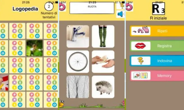 App per esercizi di logopedia per bambini di 3 anni: memory, ripeti, registra e indovina con immagini come ruota, rubinetto e riccio.