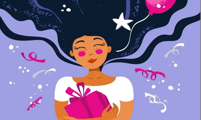 Una ragazza con lunghi capelli scuri abbraccia un regalo rosa, circondata da coriandoli e un palloncino. Perfetto per auguri di buon compleanno frasi semplici.