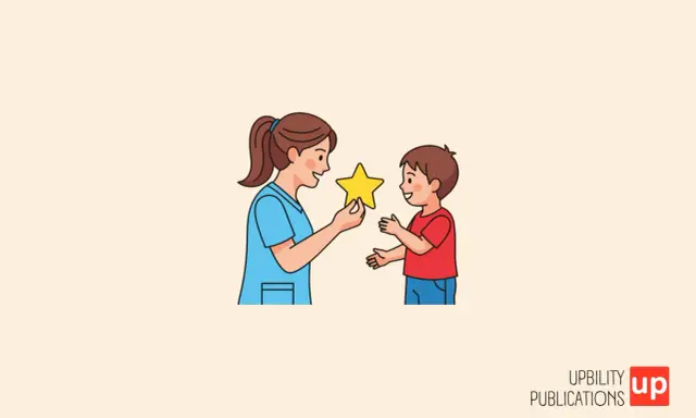 Una terapista premia un bambino con una stella, un esempio di come le prassie, il significato di apprendimento motorio, si manifestano nel gioco.