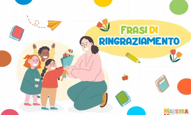 Bambini felici offrono un mazzo di fiori alla loro maestra, un gesto di gratitudine. Frasi di ringraziamento per la maestra.