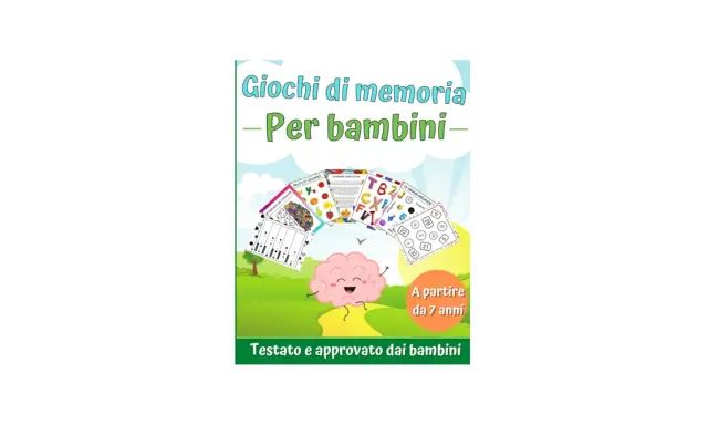 Copertina di "Giochi di memoria per bambini" con un cervello sorridente e varie schede di attività, ideali per allenare la mente.