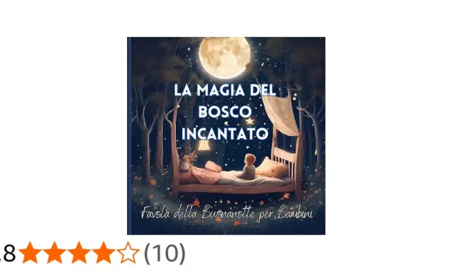 Un bambino dorme in un letto nel buio, sotto la luna piena, in un bosco incantato. Buonanotte bosco incantato.