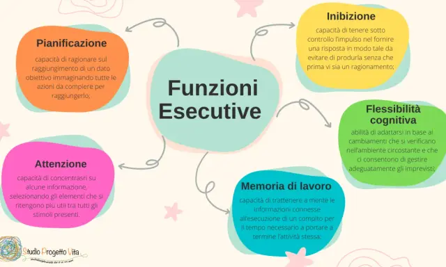 Schema delle funzioni esecutive: pianificazione, attenzione, memoria di lavoro, inibizione e flessibilità cognitiva. Esercizi per potenziarle.