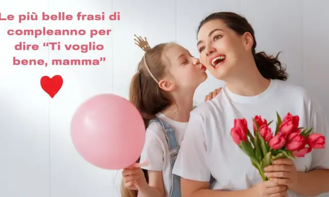 Bambina bacia la mamma, regalandole fiori e un palloncino. Un augurio speciale: buon compleanno mamma!