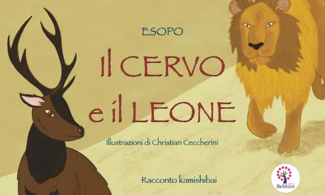 La cerva vanitosa e il leone, protagonisti di un racconto kamishibai di Esopo. Illustrazioni di Christian Ceccherini.