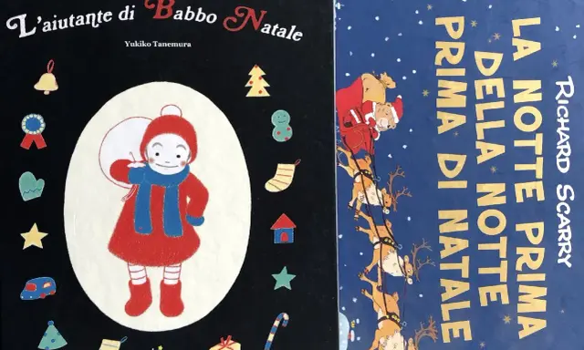 Copertine di libri natalizi: "L'aiutante di Babbo Natale" con un bambino e simboli festivi, e "La notte prima di Natale" con un orso su una slitta trainata da renne.