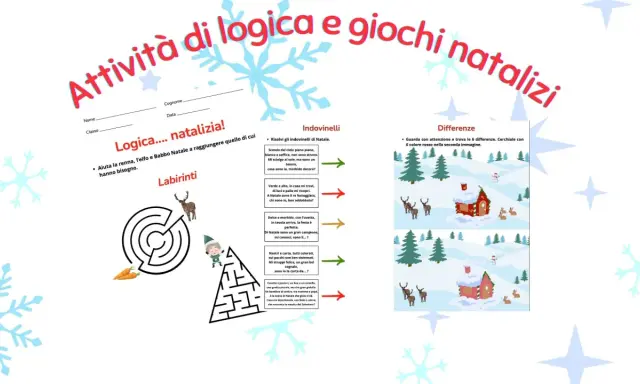 Attività di logica e giochi natalizi con indovinelli, labirinti e differenze per divertirsi durante le feste.