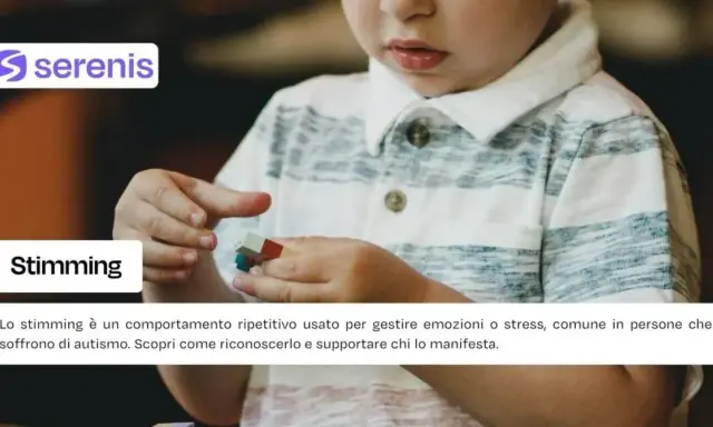 Bambino con blocchi colorati, un esempio di stimming. Il testo spiega che lo stimming è un comportamento ripetitivo comune nell'autismo.