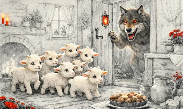 Il lupo cattivo spia i sette capretti innocenti, pronti a fare uno spuntino.