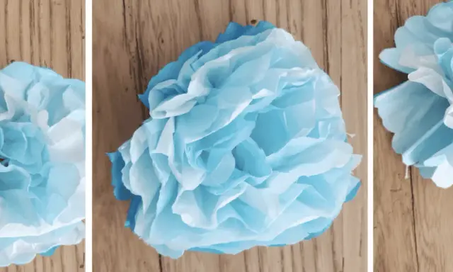 Pomponi soffici e leggeri, perfetti per decorare feste. Questi lavoretti con carta velina azzurra e bianca creano un effetto nuvola.